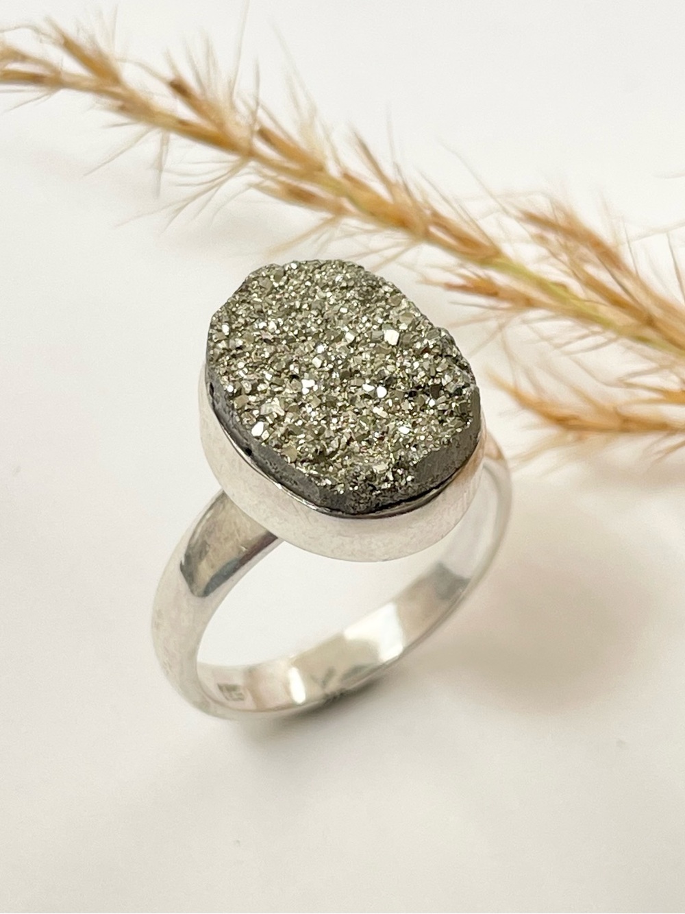 925 Sterling Silver Druzy Peru Pyrite Oval Ring in S925 adjustable size